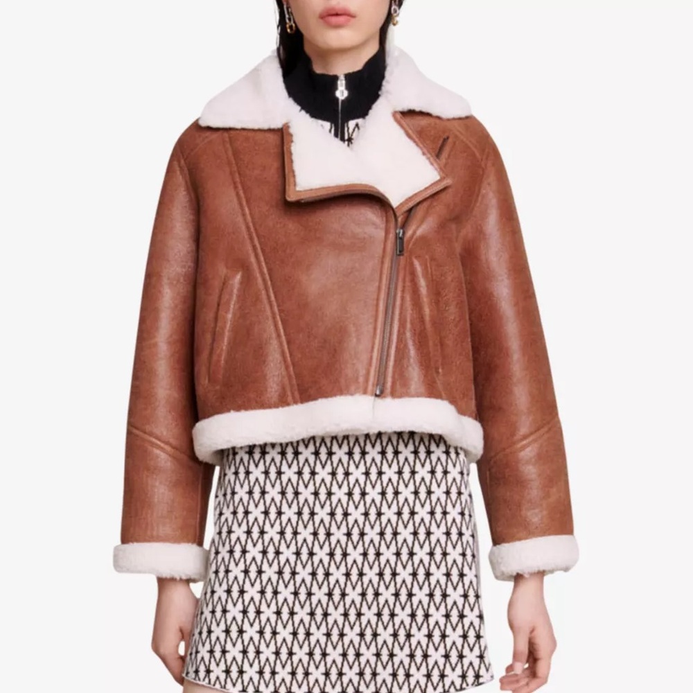 Maje Shearling-trimmed Brown Leather Jacket NWT